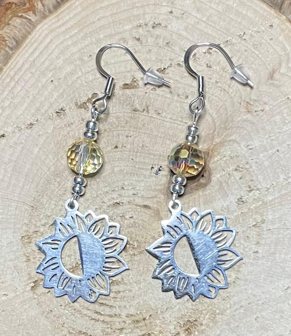 NEW Art Line Sunflower Stainless Steel & Bead Earrings
