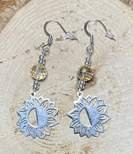 NEW Art Line Sunflower Stainless Steel & Bead Earrings