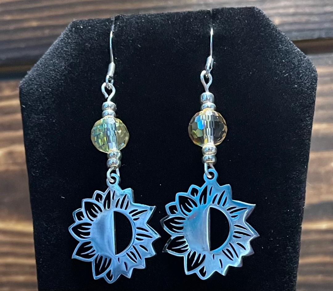NEW Art Line Sunflower Stainless Steel & Bead Earrings