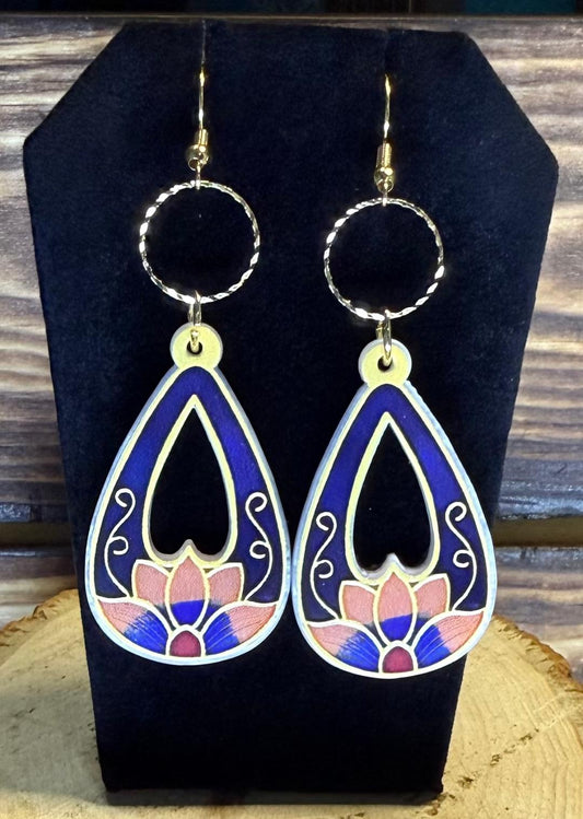 NEW Asian Style Lotus Flower Open Teardrop Acrylic Earrings