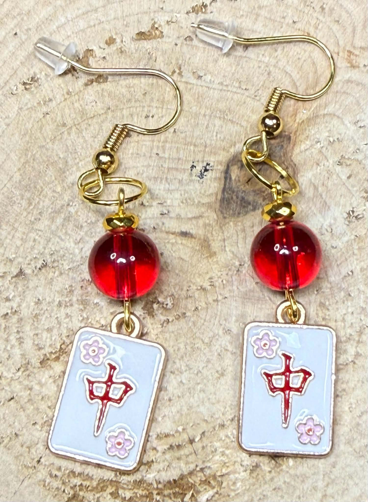 NEW Asian Style Square Enamel Charm Earrings w/ Red Glass Beads