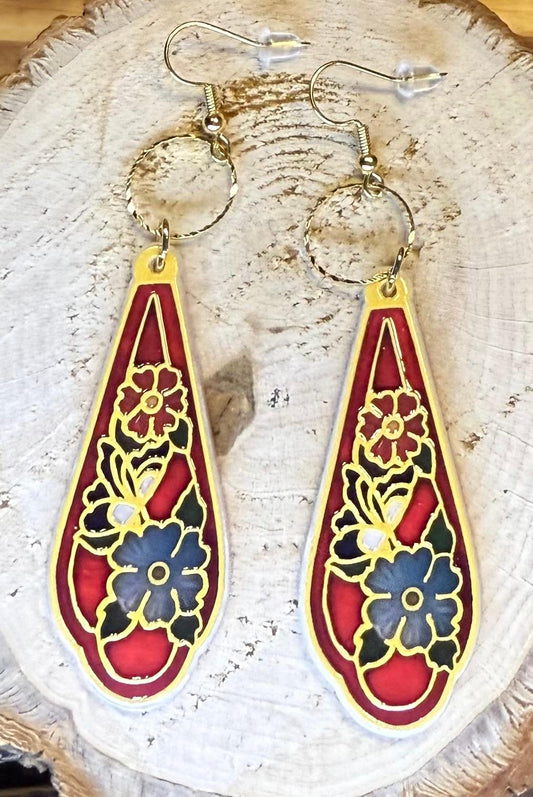 NEW Long Floral Drop Asian Style Acrylic Red Earrings