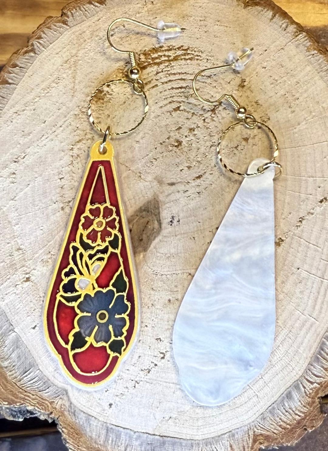 NEW Long Floral Drop Asian Style Acrylic Red Earrings