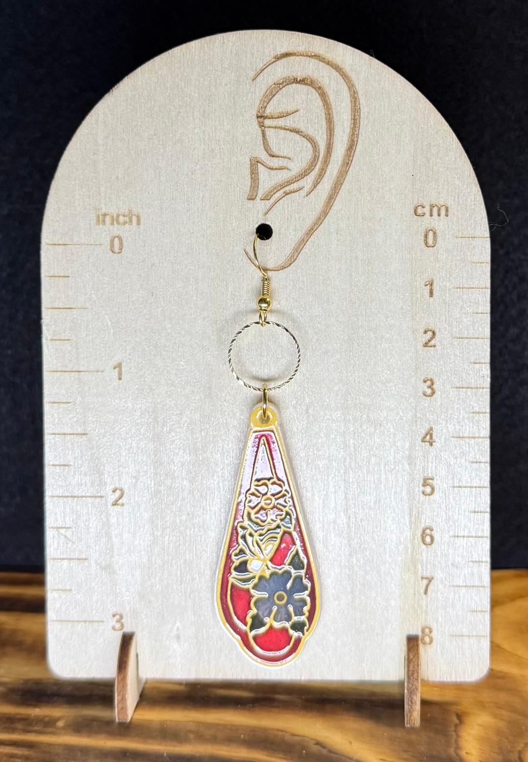 NEW Long Floral Drop Asian Style Acrylic Red Earrings