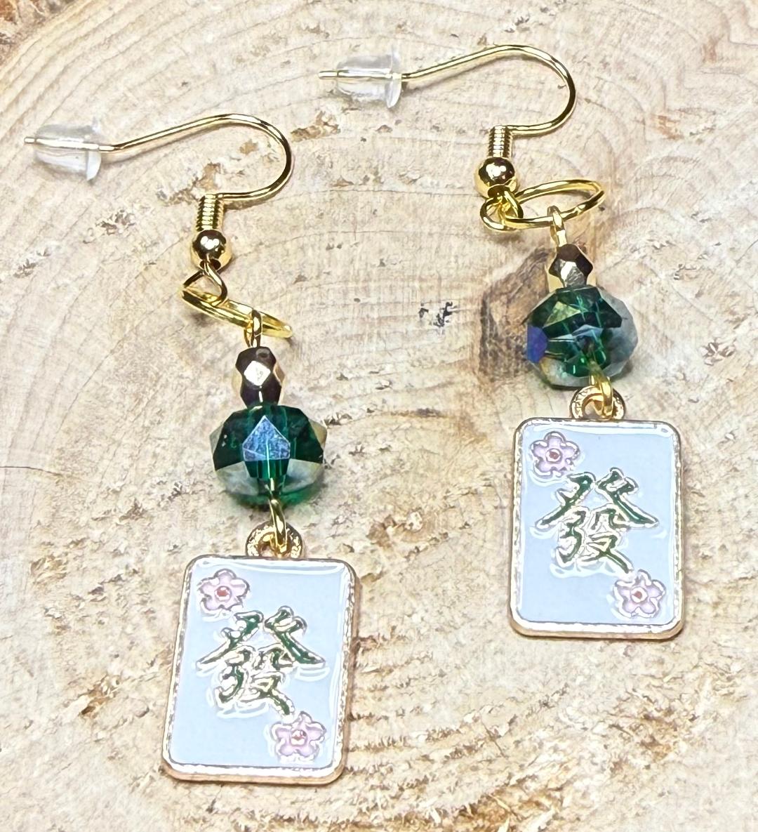 NEW Asian Style Square Enamel Charm Earrings w/ Green Glass Beads