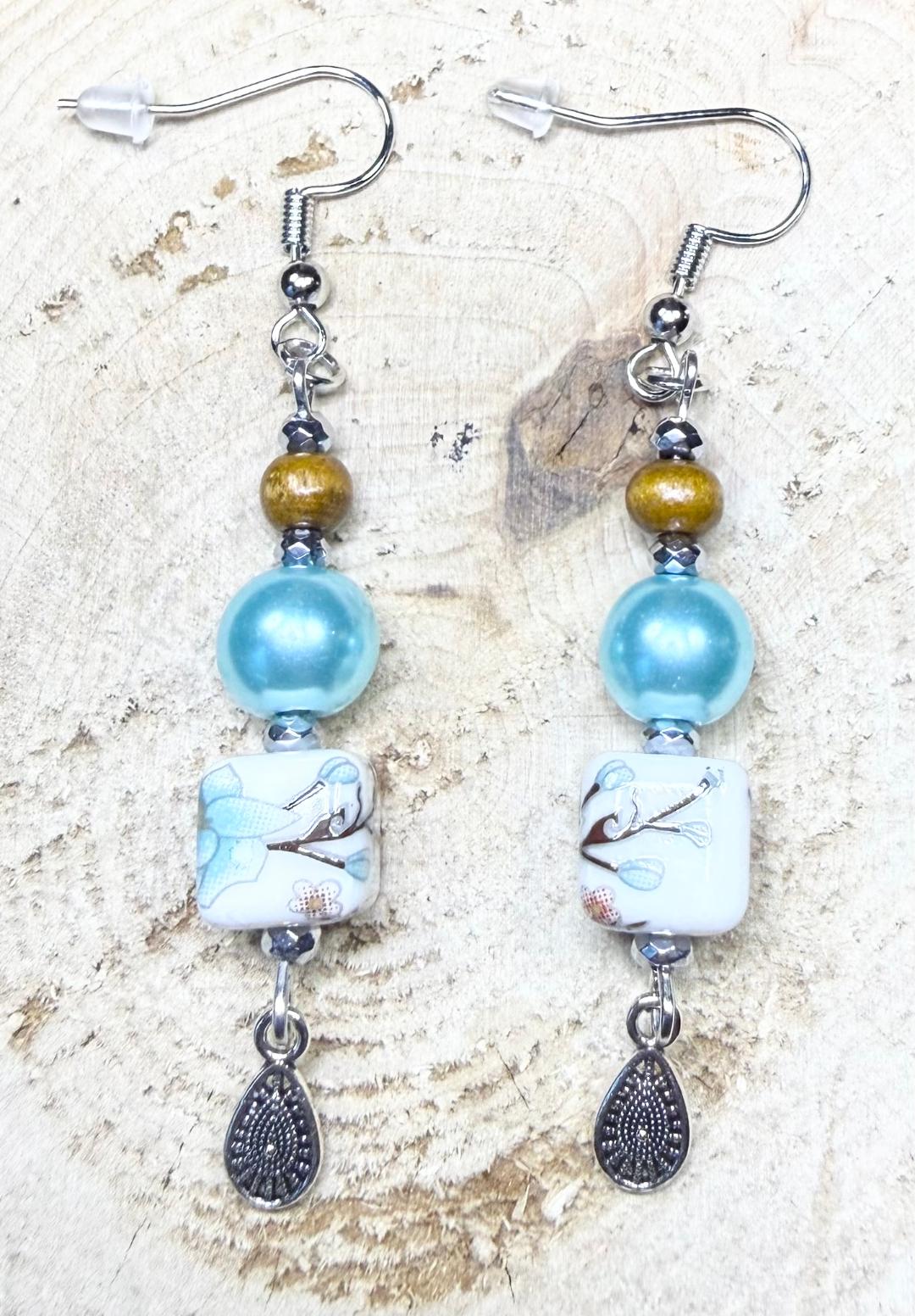 NEW Asian Style Square Porcelain Earrings w/ Wood & Glass Beads