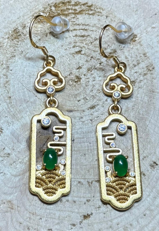 NEW Asian Theme Earrings w/ Rhinestones & Faux Jade Gem