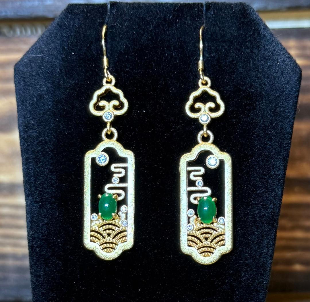 NEW Asian Theme Earrings w/ Rhinestones & Faux Jade Gem