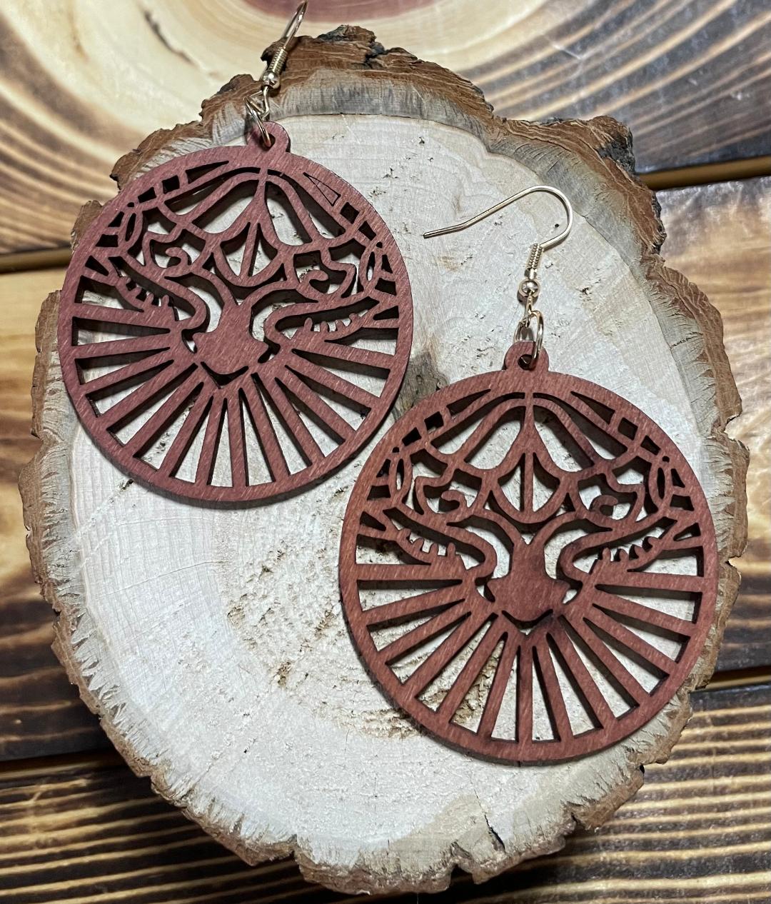 NEW Large Aztec Face Wooden Mandala Earrings