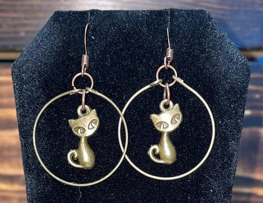 NEW Retro Atomic Cat Bronze Hoop Drop Earrings
