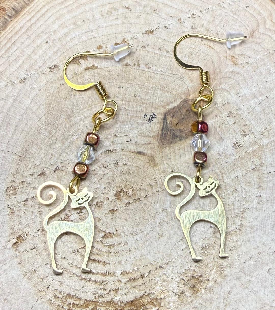 NEW Gold Stainless Steel Happy Atomic Cat Earrings w/ Glass & Hematite Beads