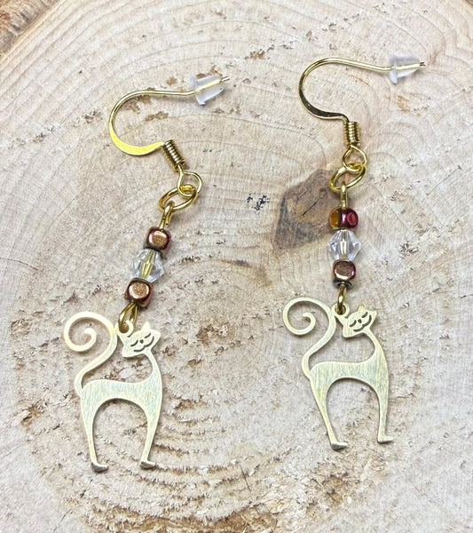NEW Gold Stainless Steel Happy Atomic Cat Earrings w/ Glass & Hematite Beads