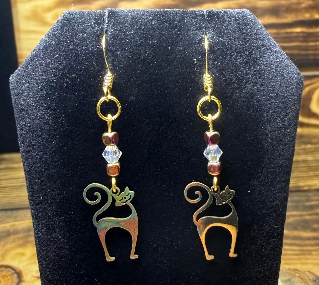 NEW Gold Stainless Steel Happy Atomic Cat Earrings w/ Glass & Hematite Beads