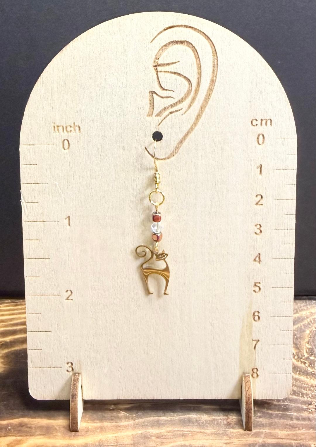 NEW Gold Stainless Steel Happy Atomic Cat Earrings w/ Glass & Hematite Beads