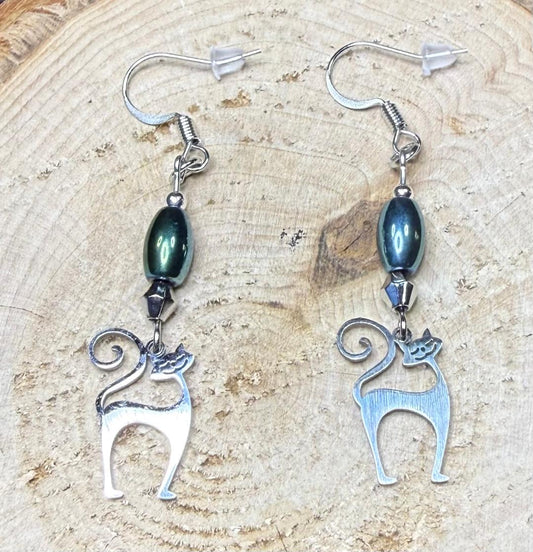 NEW Silver Stainless Steel Happy Atomic Cat Earrings w/ Green Hematite Beads