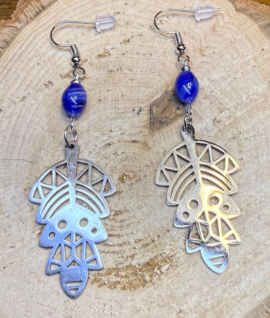NEW Southwestern Style Stainless Steel Symbol Earrings w/ Marbled Blue Glass Bead
