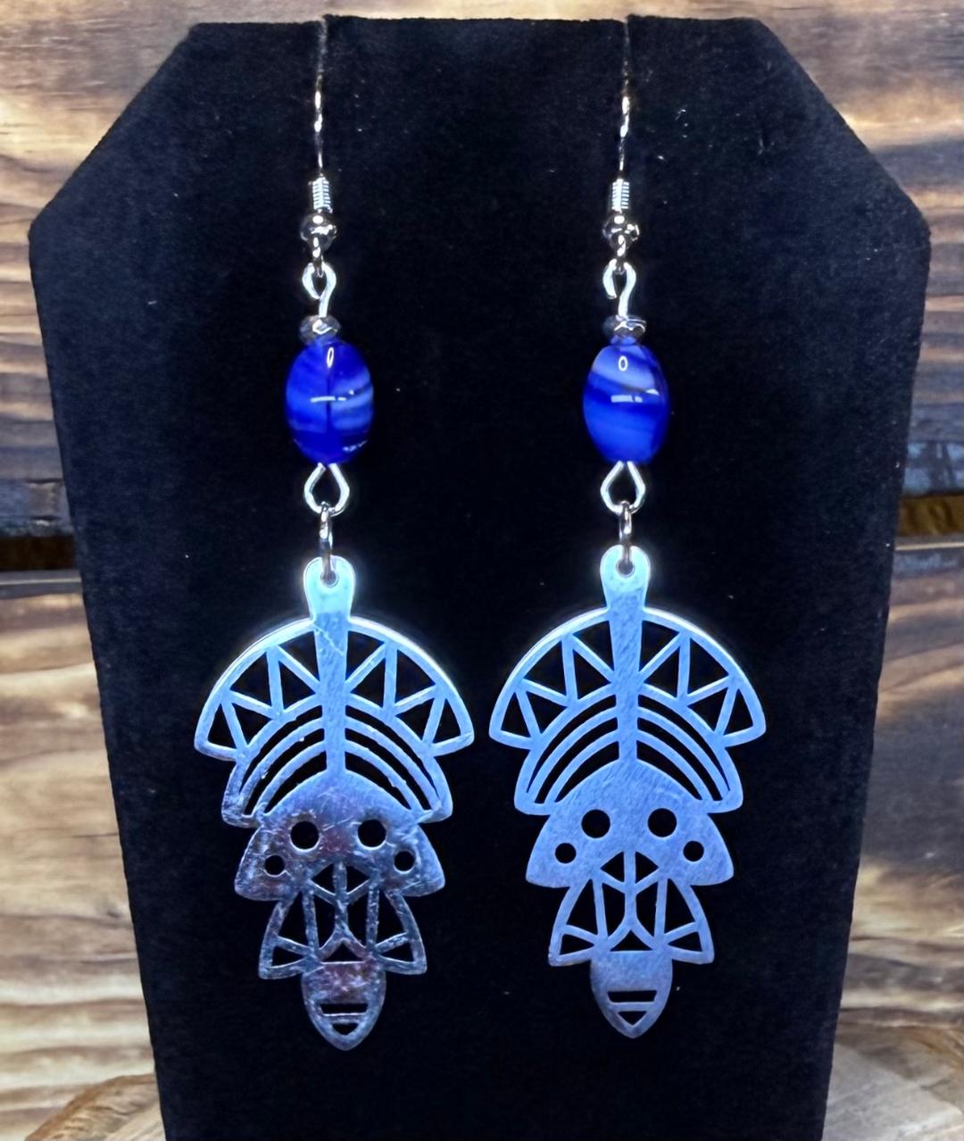 NEW Southwestern Style Stainless Steel Symbol Earrings w/ Marbled Blue Glass Bead