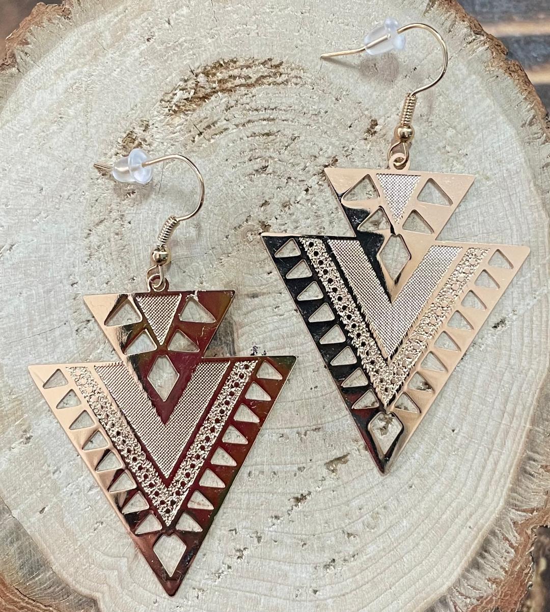 NEW Aztec Gold Tone Stainless Steel Triangular Earrings