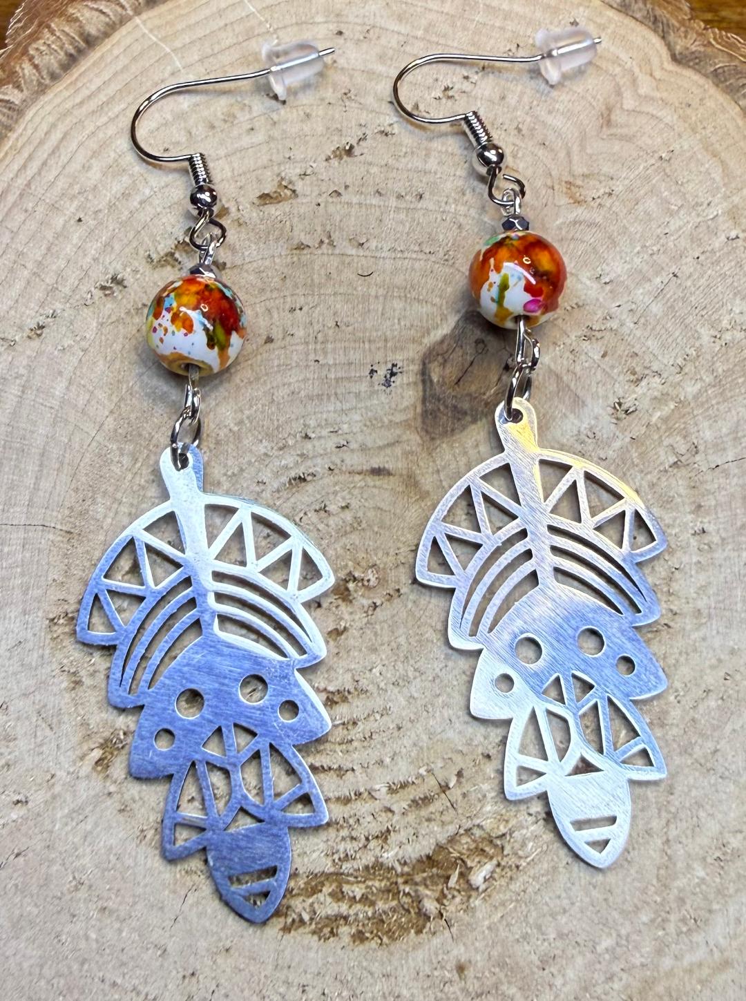 NEW Southwestern Style Stainless Steel Symbol Earrings w/ Multicolored Bead