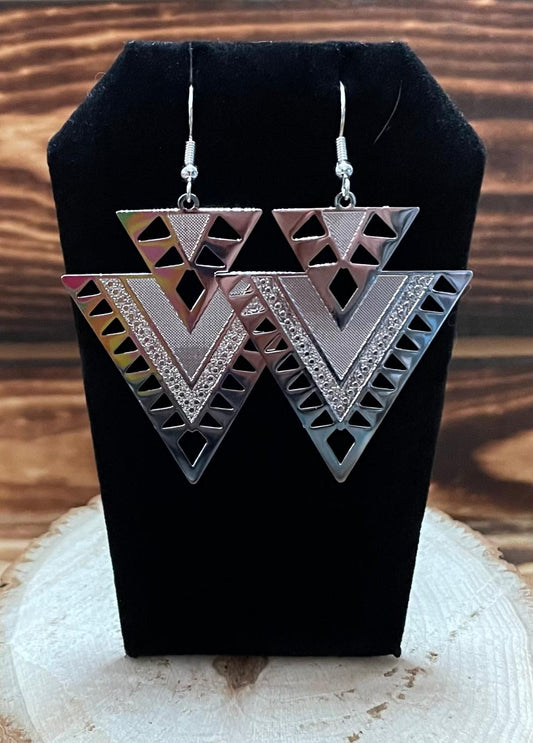 NEW Aztec Silver Double Triangle Stainless Steel Cut Dangle Earrings