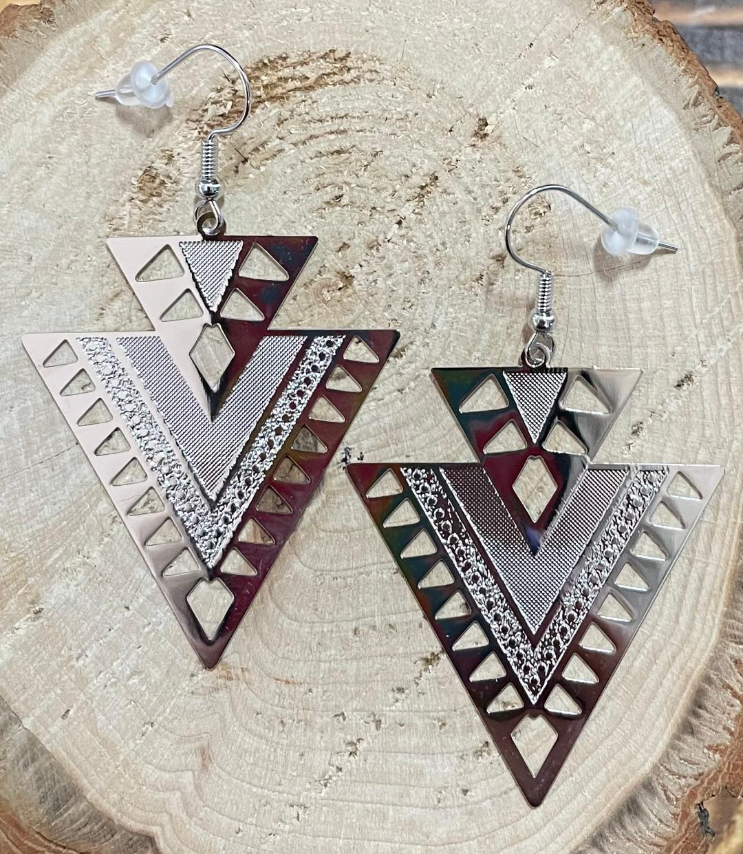 NEW Aztec Silver Double Triangle Stainless Steel Cut Dangle Earrings