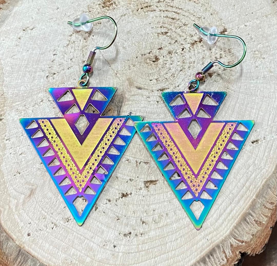 NEW Iridescent Steel Cut Earrings in Aztec Geometric Shape