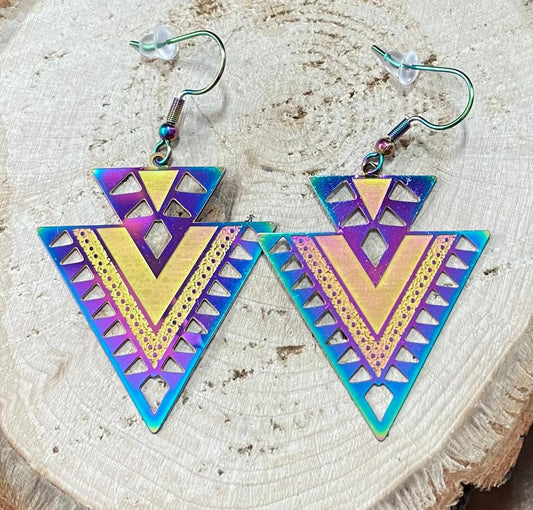 NEW Iridescent Steel Cut Earrings in Aztec Geometric Shape