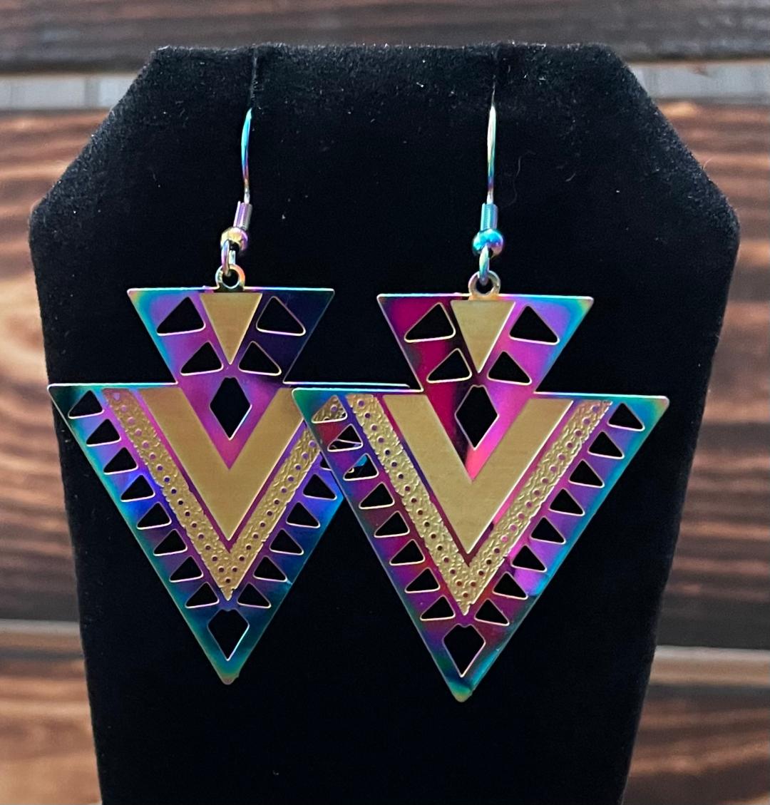 NEW Iridescent Steel Cut Earrings in Aztec Geometric Shape
