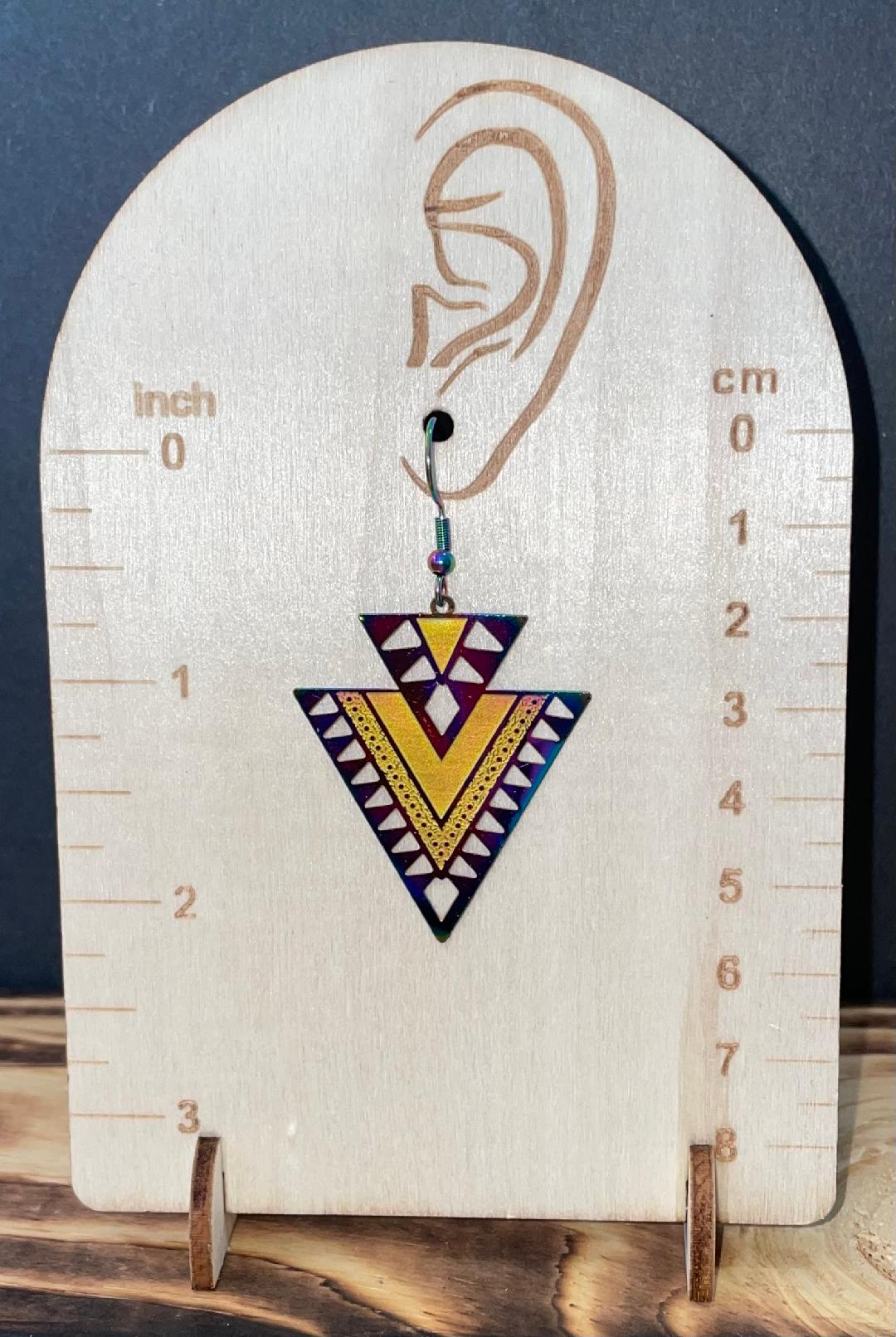 NEW Iridescent Steel Cut Earrings in Aztec Geometric Shape