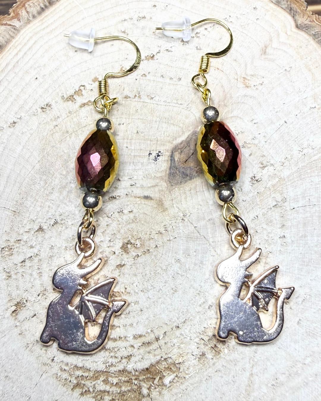 NEW Baby Dragon Earrings w/ Oval Faceted Iridescent Beads