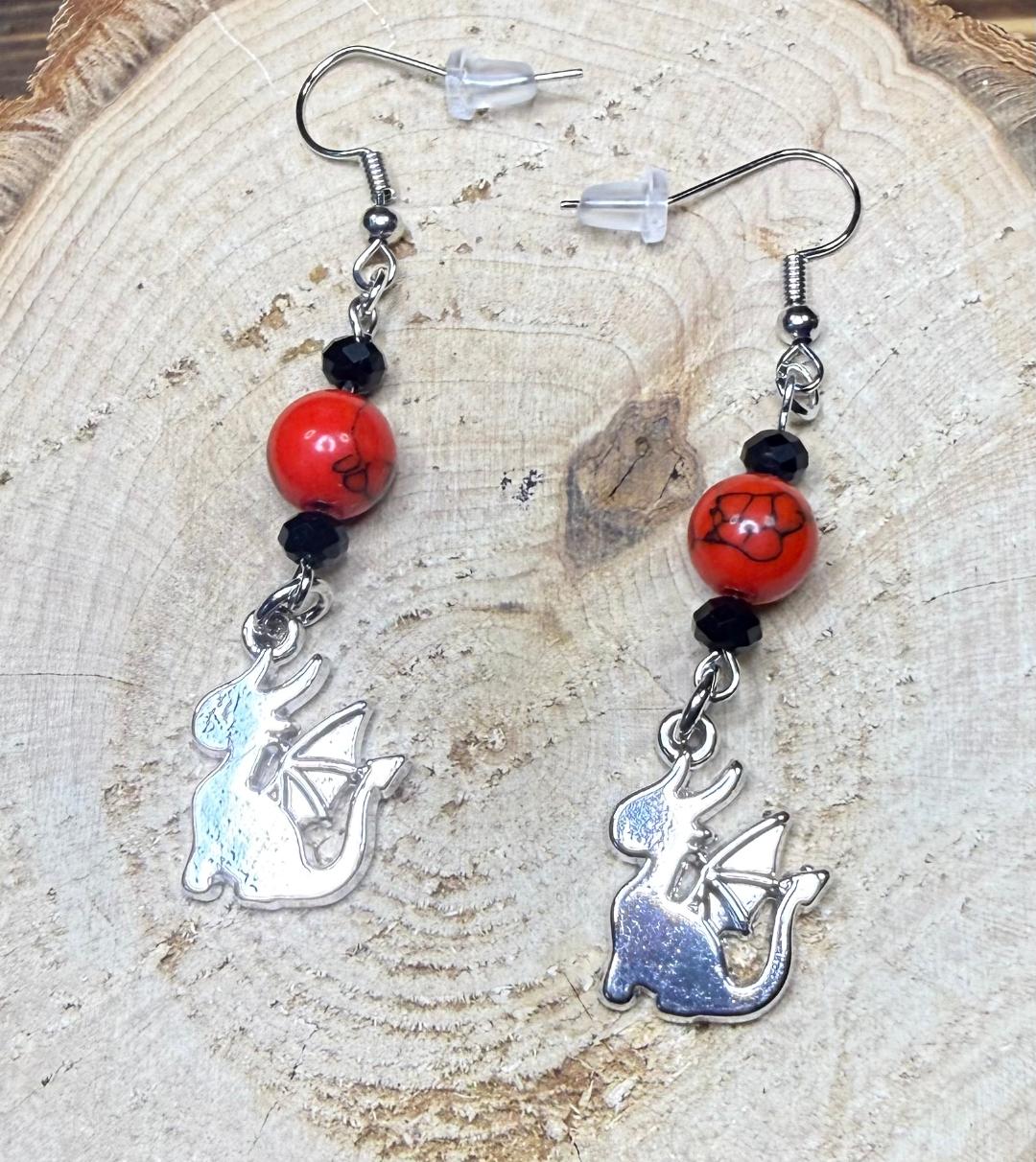 NEW Baby Dragon Earrings w/ Red Howlite Beads