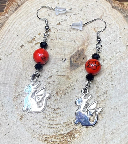 NEW Baby Dragon Earrings w/ Red Howlite Beads