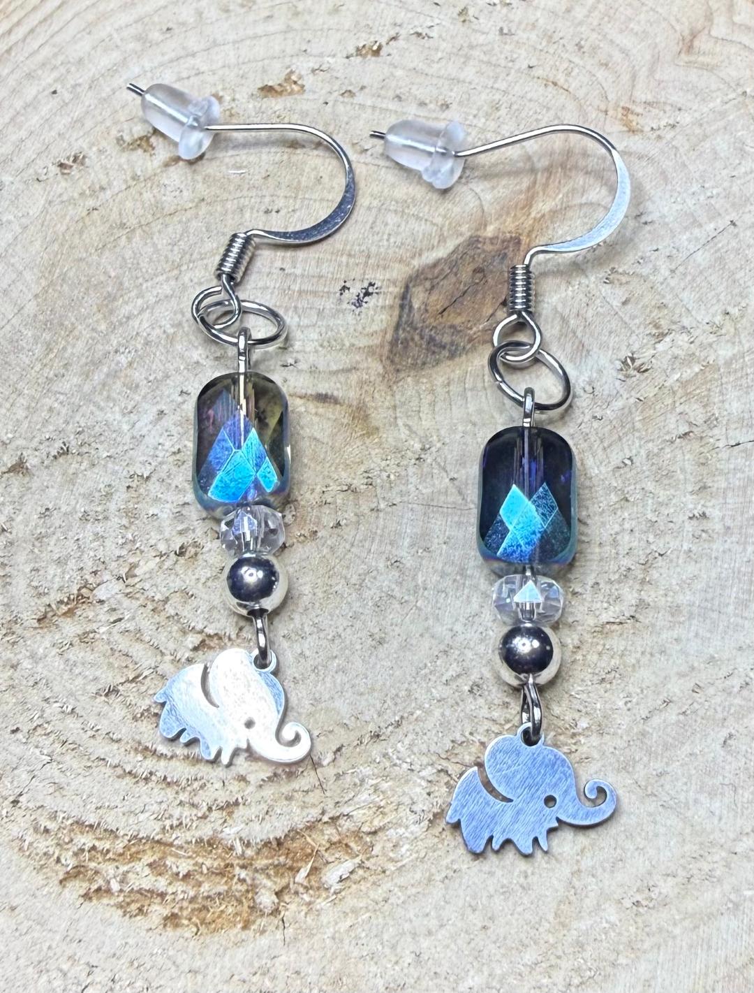 NEW Baby Elephant Stainless Steel Charm Earrings w/ Plated Glass Beads