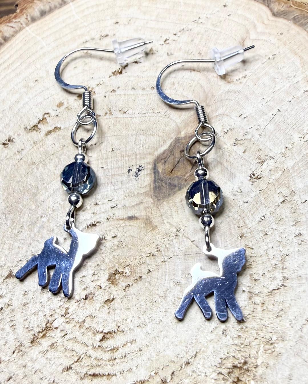 NEW Baby Lamb Stainless Steel Charm Earrings w/ Blue Grey Beads