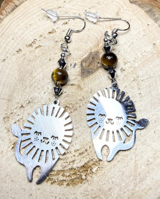 NEW Baby Lion Stainless Steel Charm Earrings w/ Tiger's Eye Glass Beads