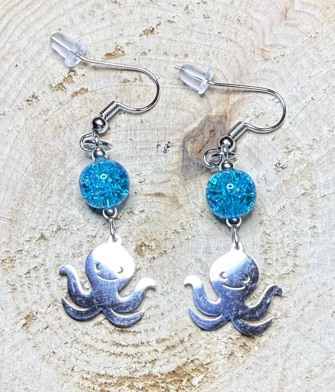 NEW Baby Octopus Earrings w/ Aqua Blue Glass Beads