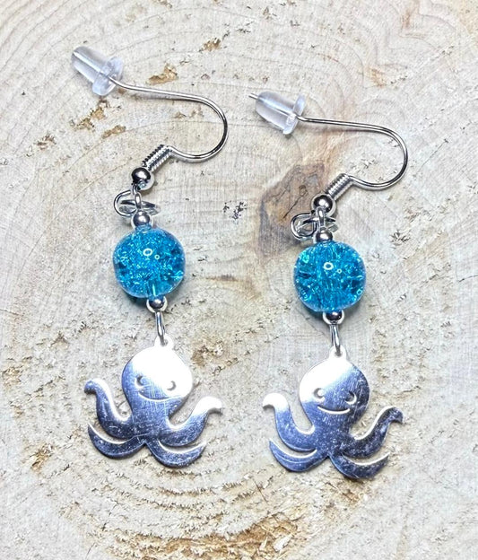 NEW Baby Octopus Earrings w/ Aqua Blue Glass Beads