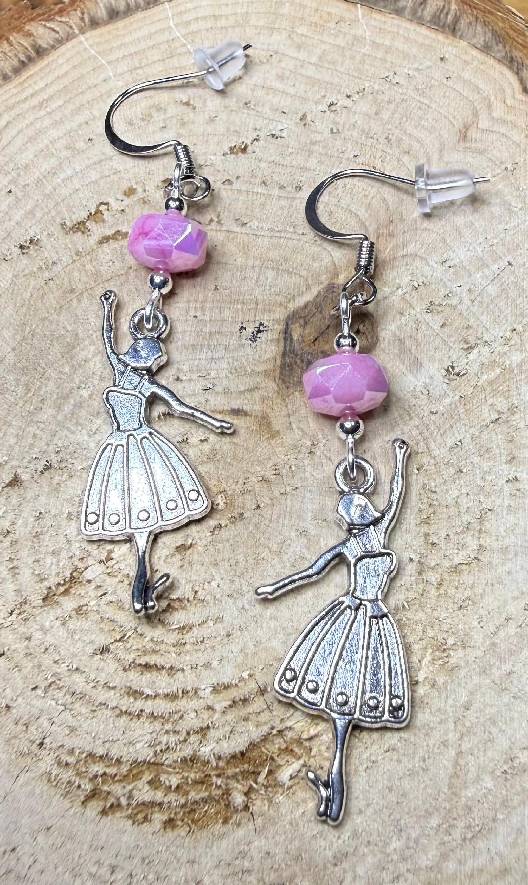 NEW Little Ballerina Earrings w/ Pink Faceted Glass Beads
