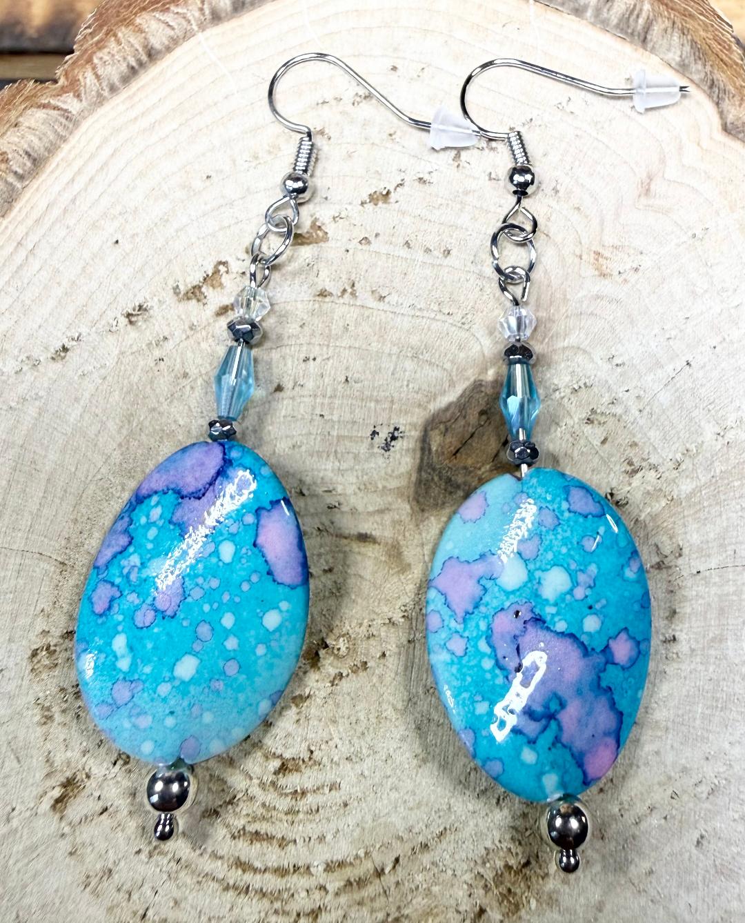 NEW Bandhani Style Teal Blue Oval Bead Earrings w/ Faceted Glass Beads