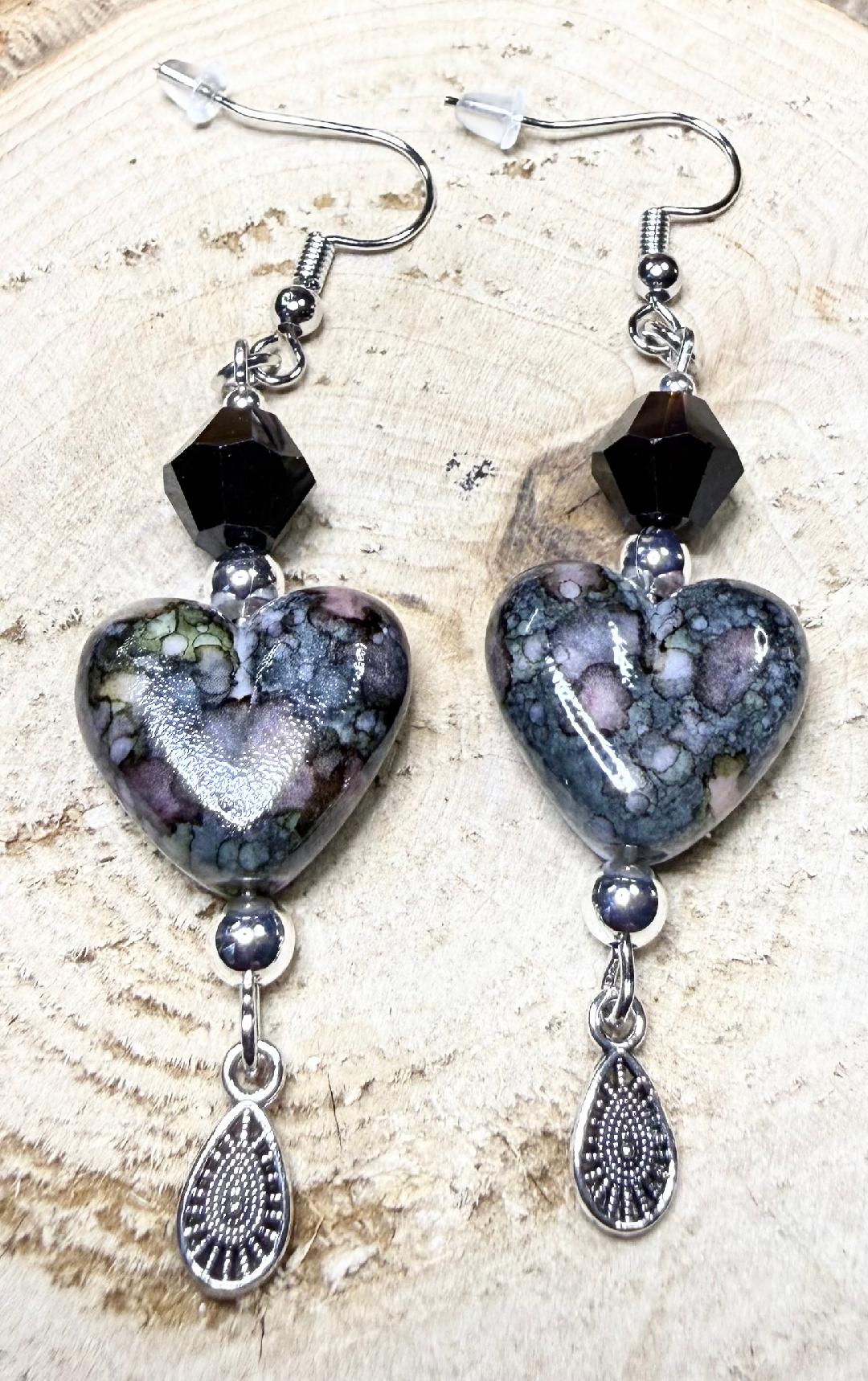 NEW Bandhani Style Painted Black Heart Charm Earrings
