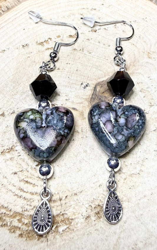 NEW Bandhani Style Painted Black Heart Charm Earrings