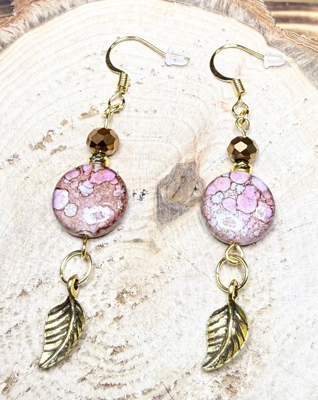 NEW Bandhani Style Brown & Pale Pink Round Earrings w/ Plated Glass Beads