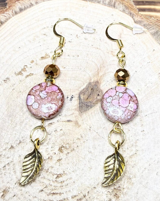 NEW Bandhani Style Brown & Pale Pink Round Earrings w/ Plated Glass Beads