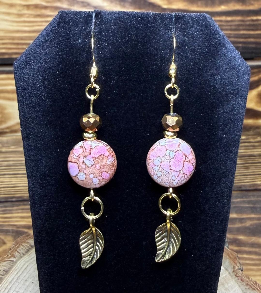 NEW Bandhani Style Brown & Pale Pink Round Earrings w/ Plated Glass Beads