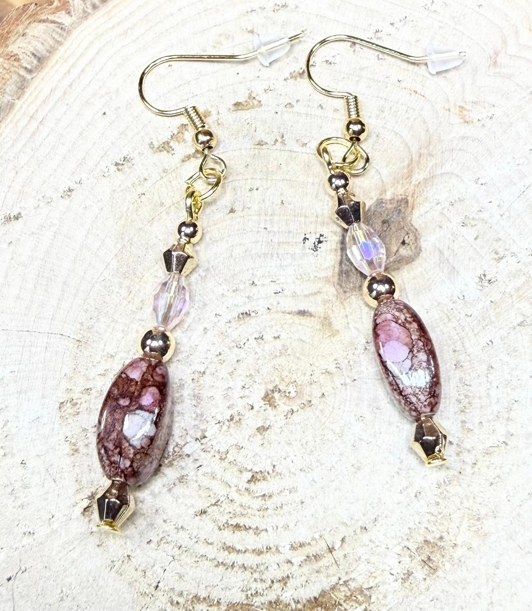 NEW Bandhani Style Painted Oval Brown & Pink Charm Earrings