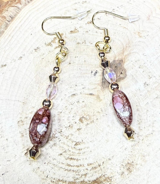 NEW Bandhani Style Painted Oval Brown & Pink Charm Earrings