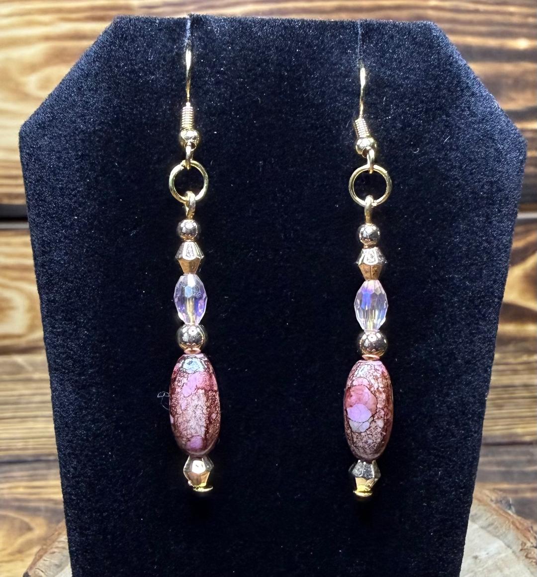 NEW Bandhani Style Painted Oval Brown & Pink Charm Earrings