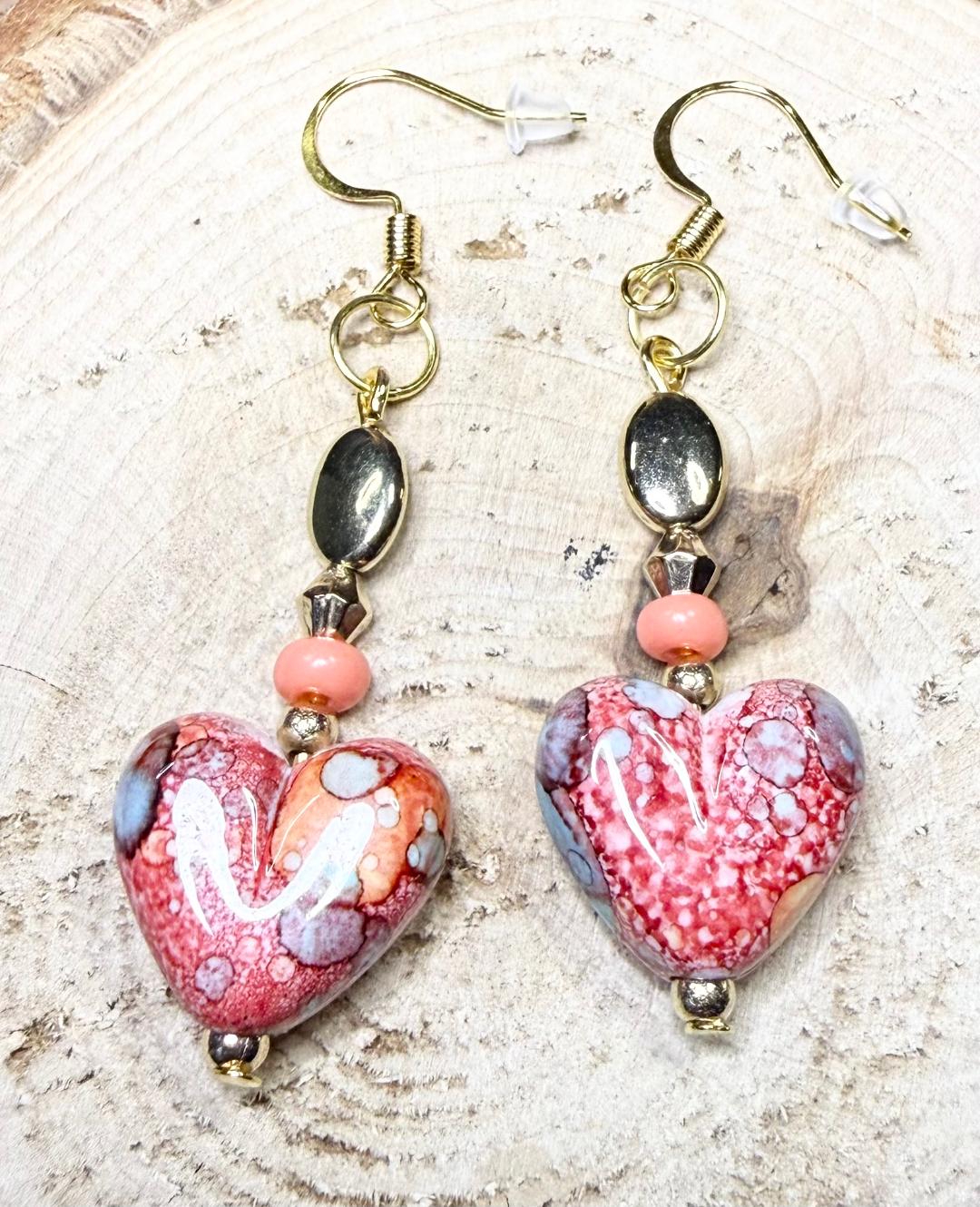 NEW Bandhani Style Painted Coral Pink Heart Charm Earrings