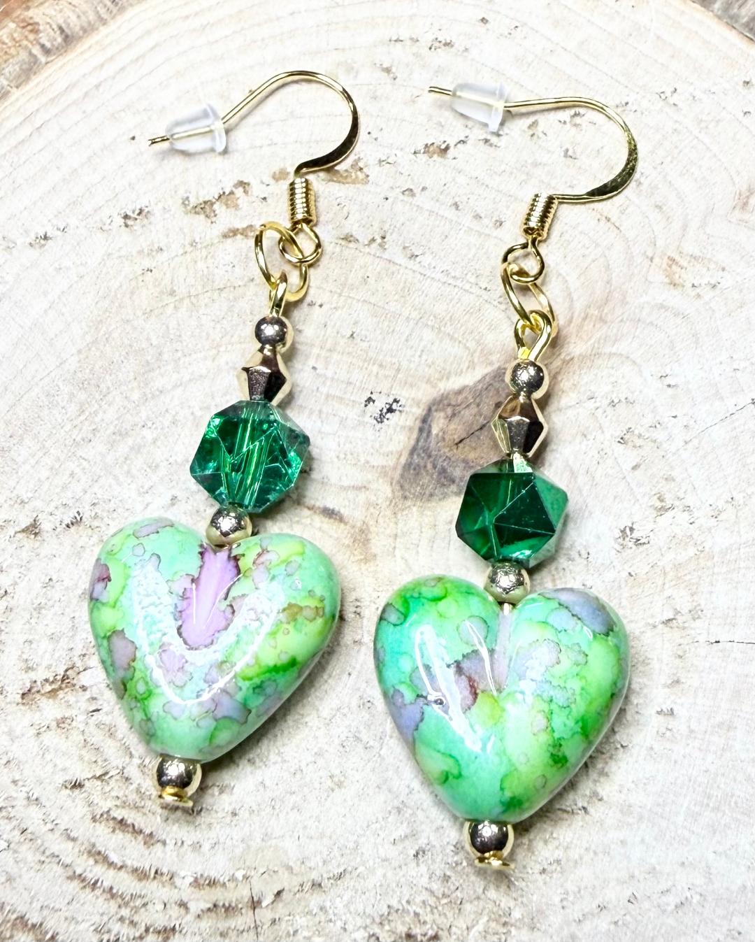 NEW Bandhani Style Painted Green Heart Charm Earrings