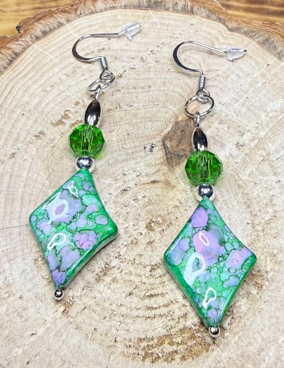 NEW Bandhani Style Green Diamond Shape Earrings w/ Glass Beads